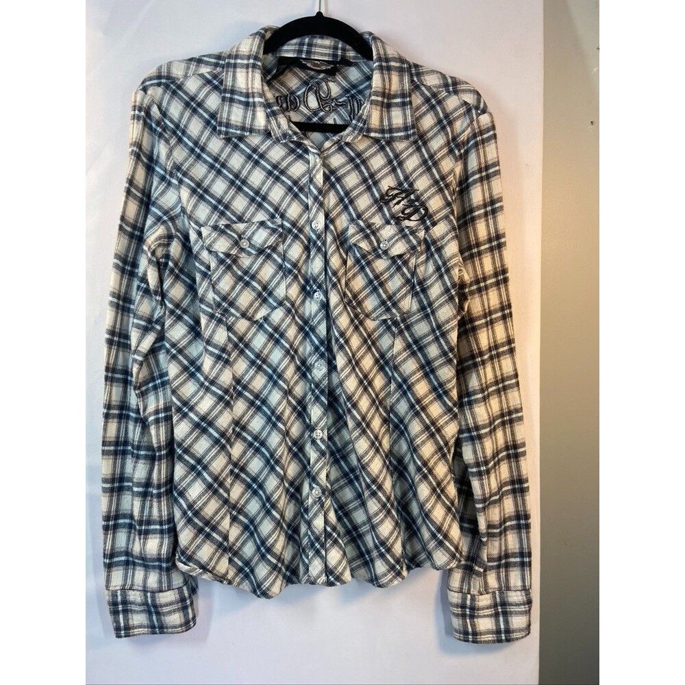 HARLEY DAVIDSON WOMENS LARGE PLAID FLANNEL LONG SLEEVE FITTED SHIRT LOGO